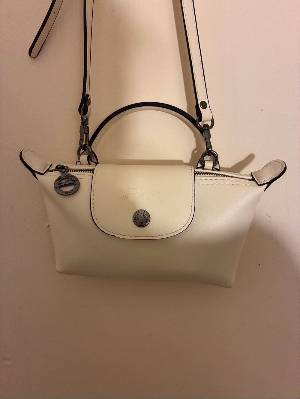 Longchamp Cream Crossbody with Black Trim